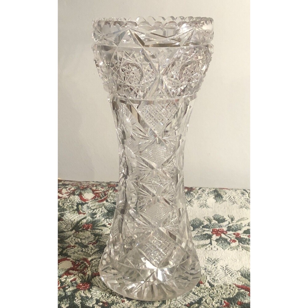 Vtg ABP  Cut Glass Corset Sawtooth Vase 10”